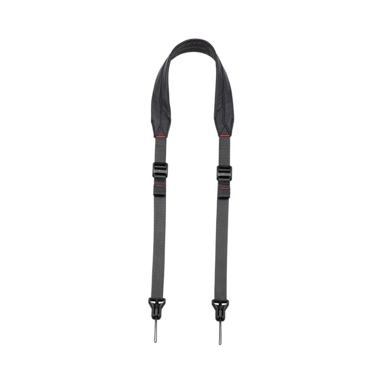 Black adjustable shoulder strap with quick buckle and metal pin ends